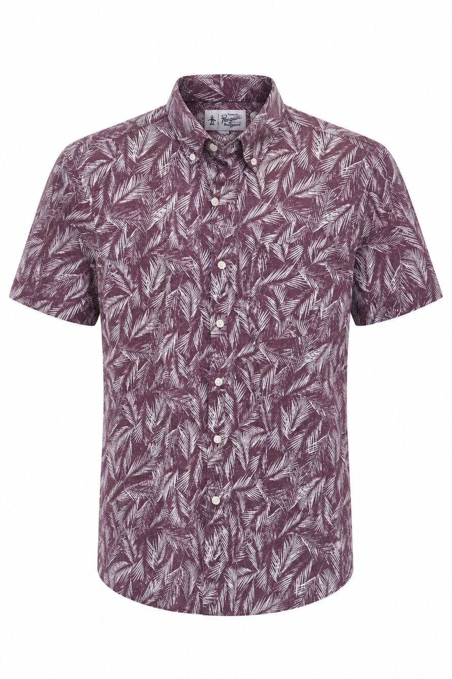 Original Penguin Men's Palm Print Button Down Shirt Short Sleeve Large Burgundy